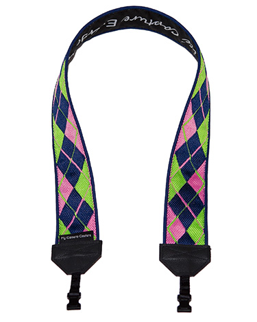 Pink, Blue and Lime Argyle DSLR and SLR camera strap with blue lining