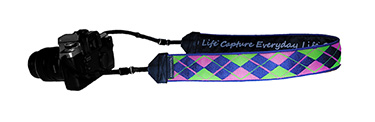 Pink, Blue and Lime Argyle DSLR and SLR camera strap with blue lining